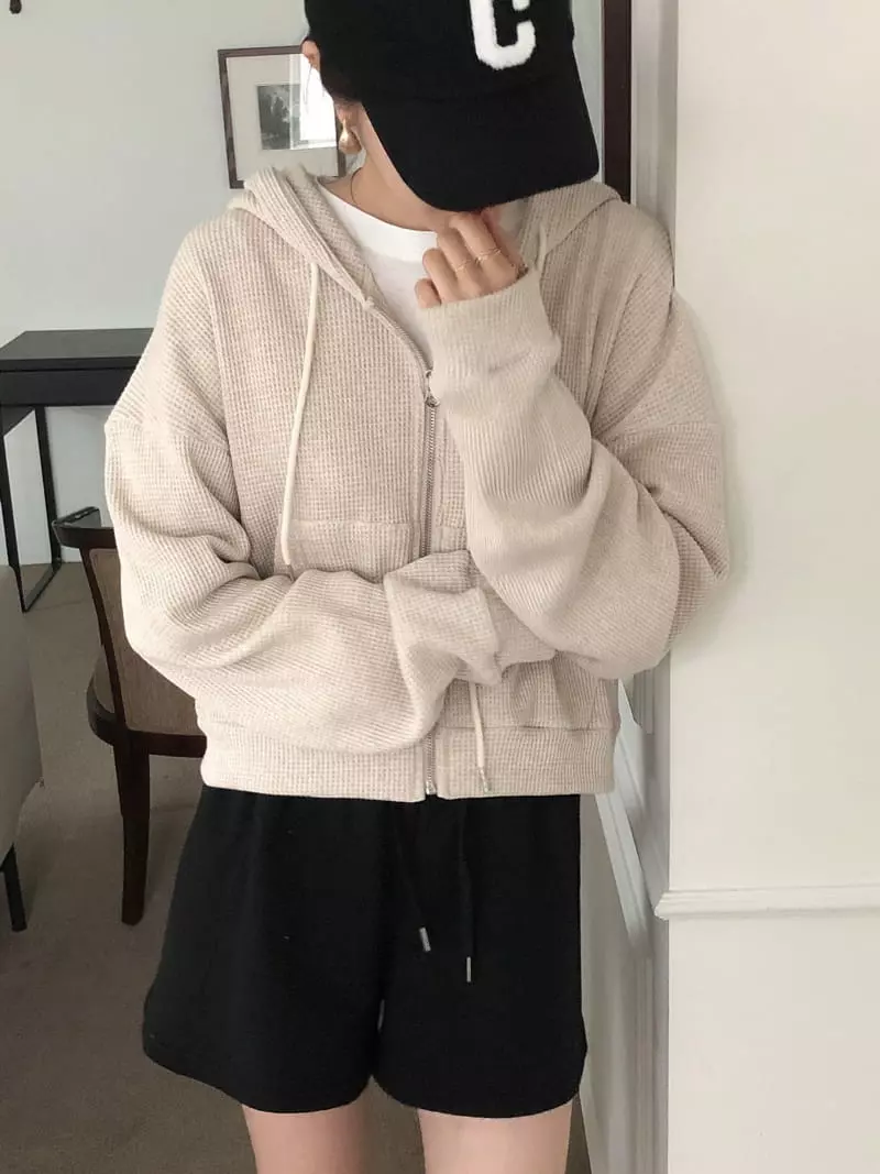 Overclassic - Korean Women Fashion - #momslook - Waffle Hoody Zip-up
