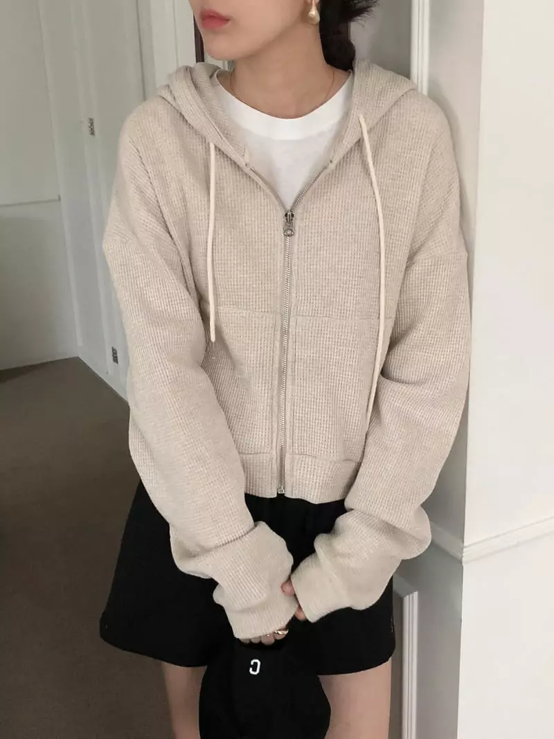 Overclassic - Korean Women Fashion - #momslook - Waffle Hoody Zip-up - 11