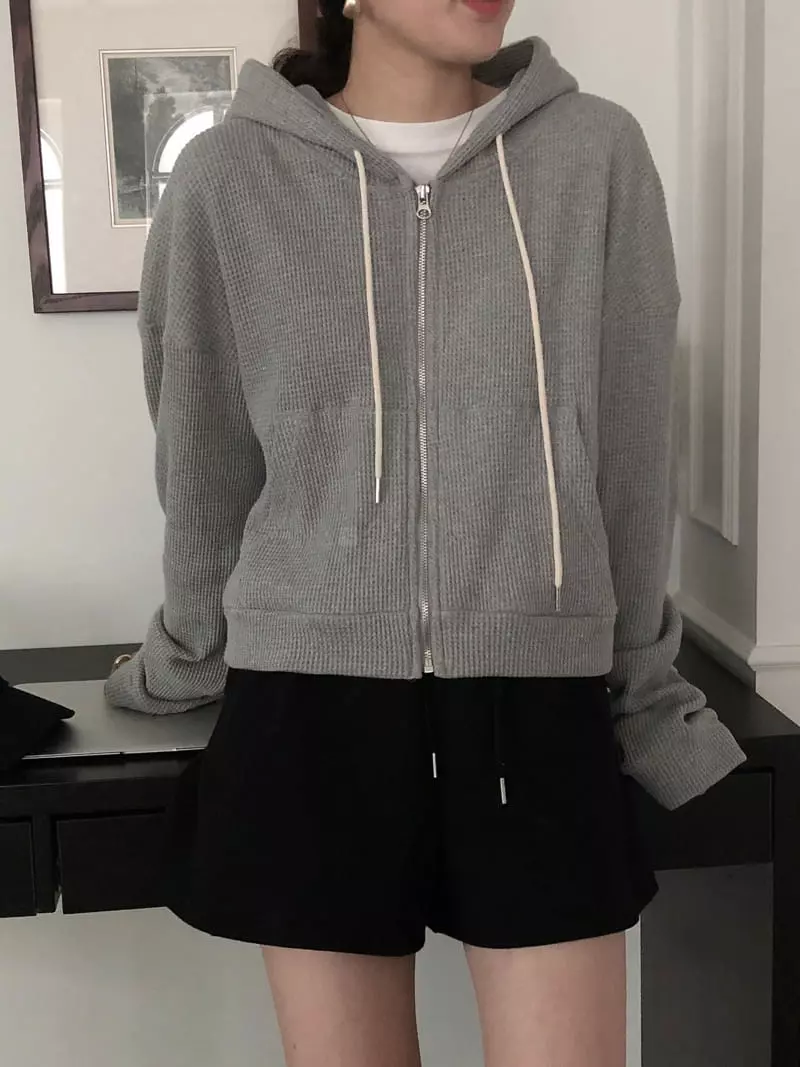 Overclassic - Korean Women Fashion - #momslook - Waffle Hoody Zip-up - 12