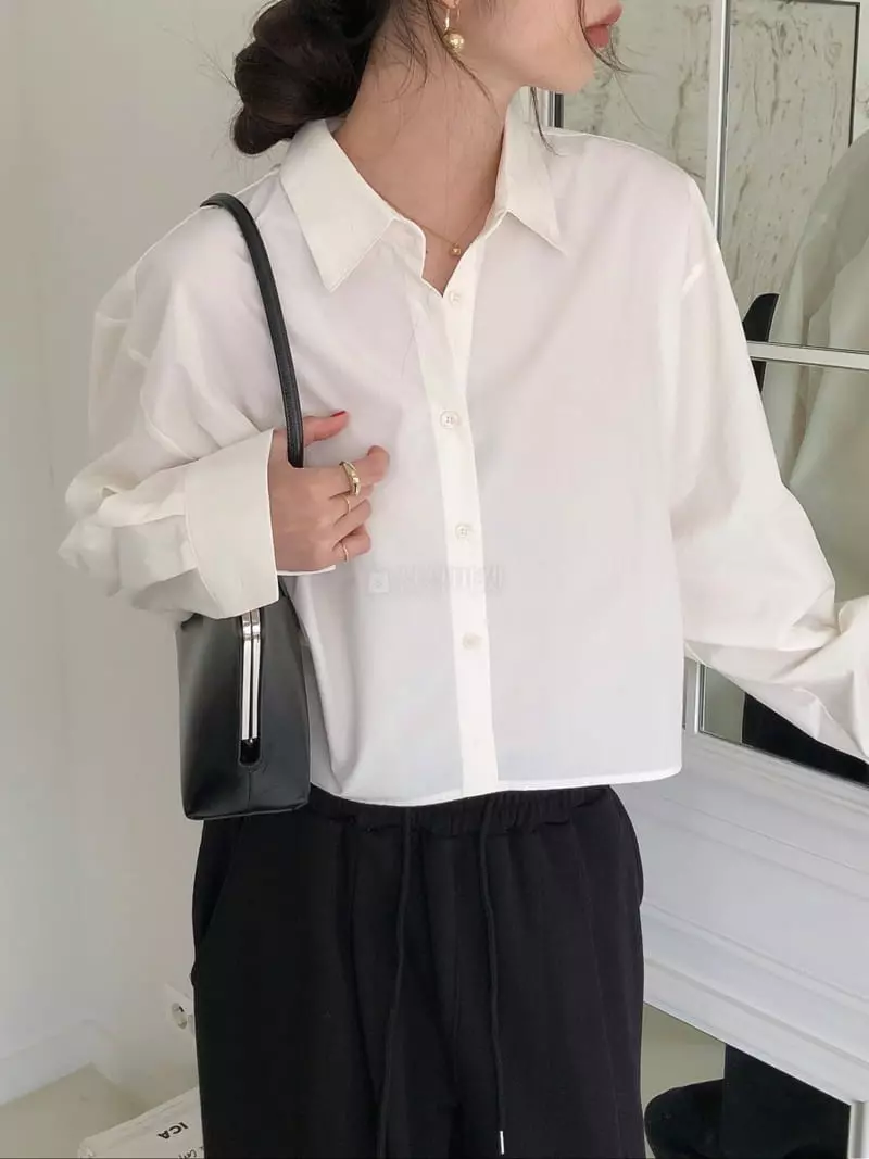 Overclassic - Korean Women Fashion - #vintagekidsstyle - Solid Crop Shirt - 2