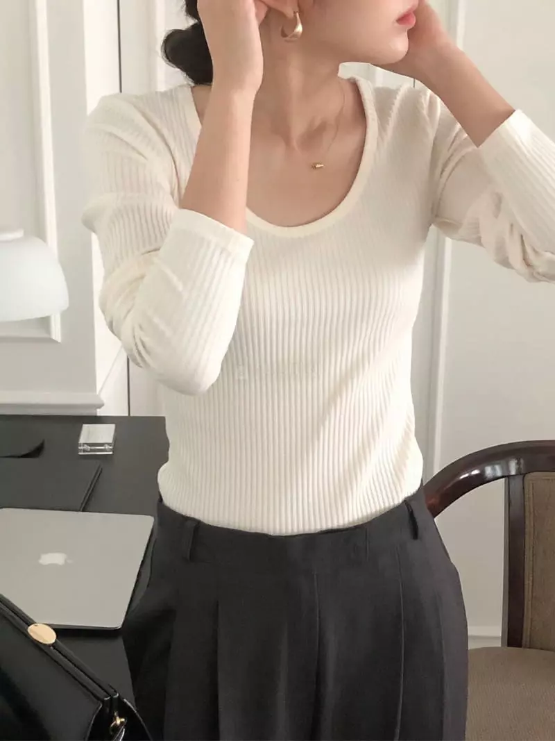 Overclassic - Korean Women Fashion - #womensfashion - U Neck Long Sleeves Tee - 11
