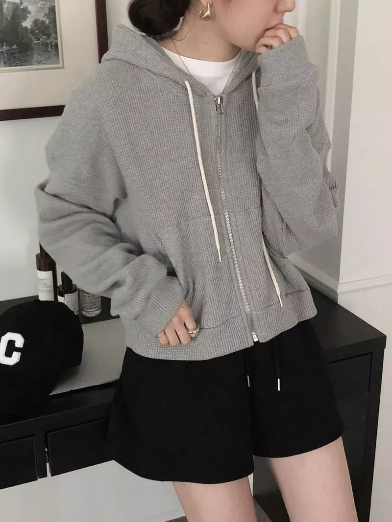 Overclassic - Korean Women Fashion - #momslook - Waffle Hoody Zip-up - 4