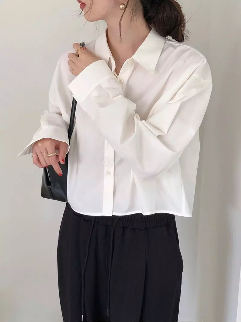 Overclassic - Korean Women Fashion - #womensfashion - Solid Crop Shirt - 12