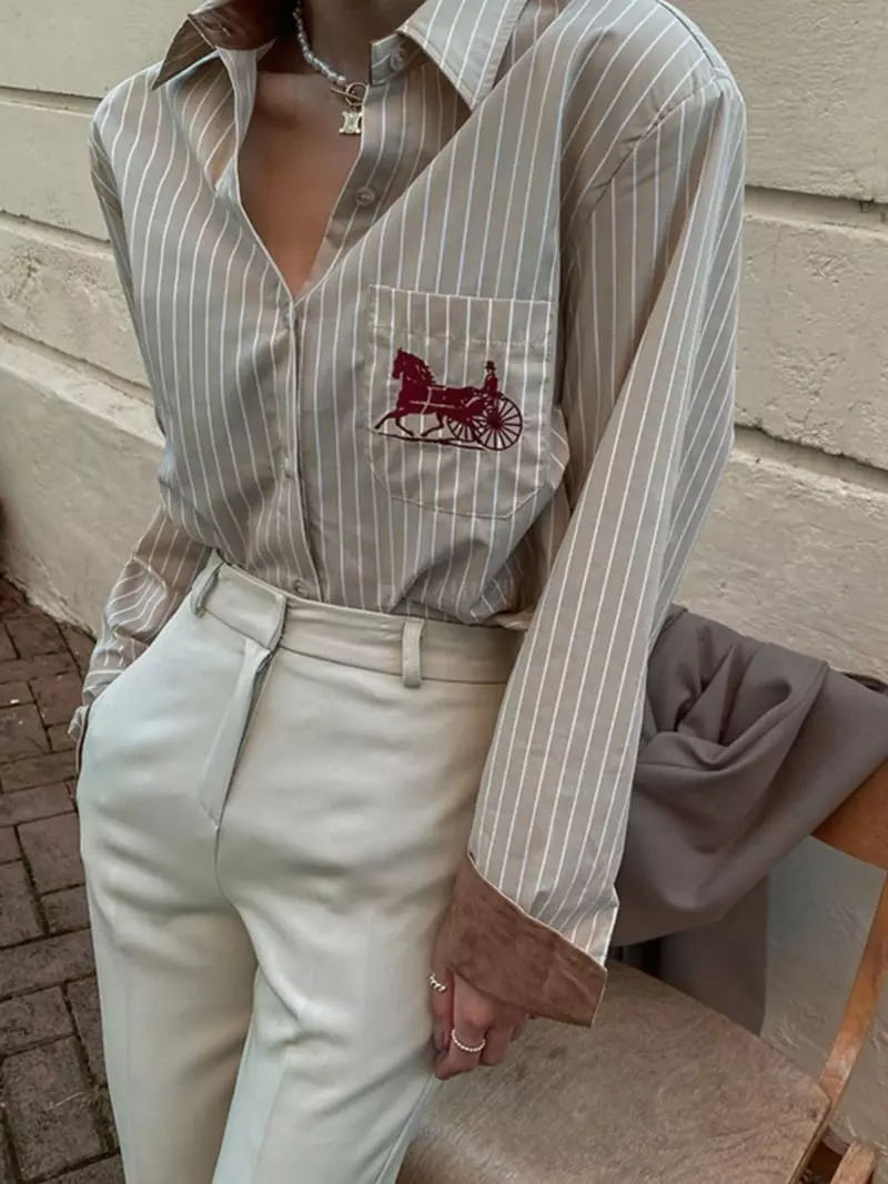Pb - Korean Women Fashion - #momslook - Stripes Embroidery Shirt