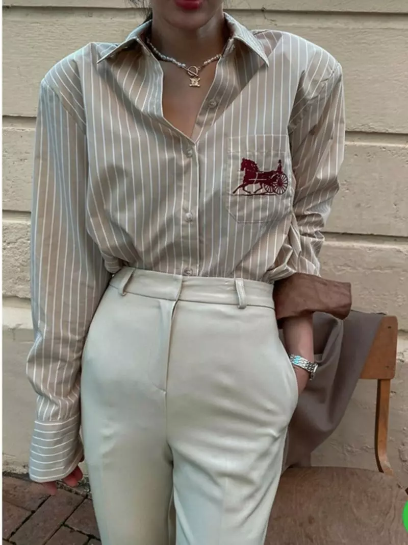 Pb - Korean Women Fashion - #momslook - Stripes Embroidery Shirt - 3