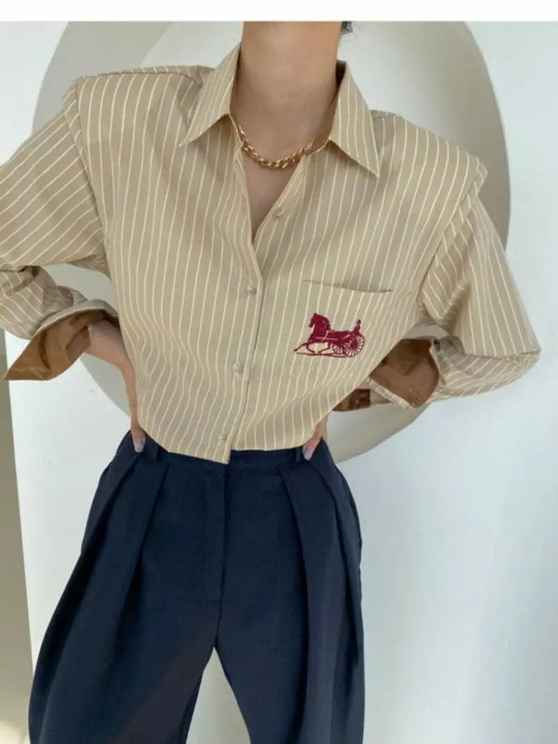 Pb - Korean Women Fashion - #momslook - Stripes Embroidery Shirt - 5