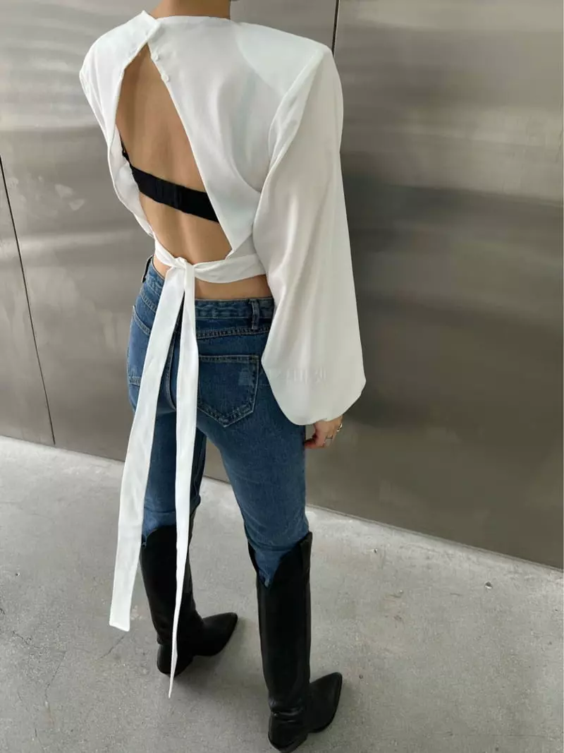 Pb - Korean Women Fashion - #momslook - Puff Bag Open Blouse - 2