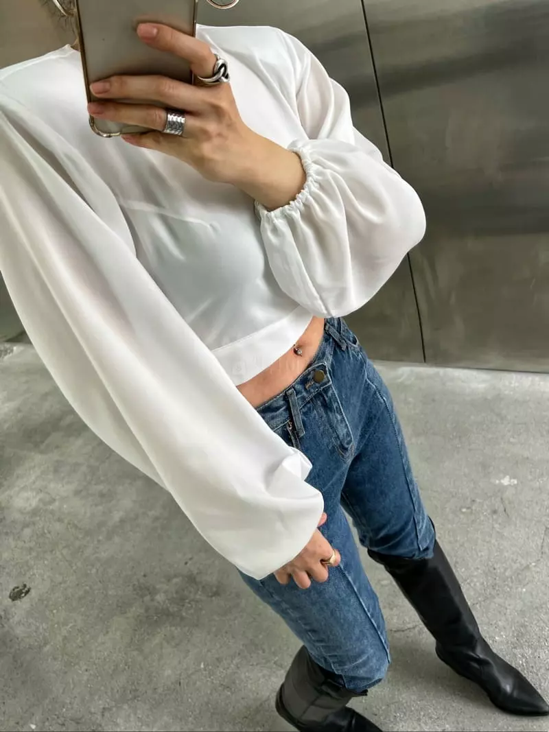 Pb - Korean Women Fashion - #momslook - Puff Bag Open Blouse - 6