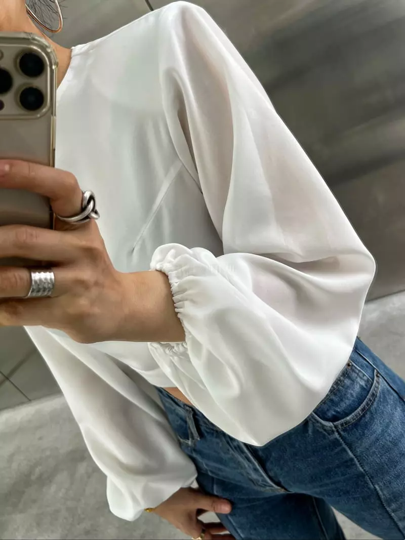 Pb - Korean Women Fashion - #momslook - Puff Bag Open Blouse - 8