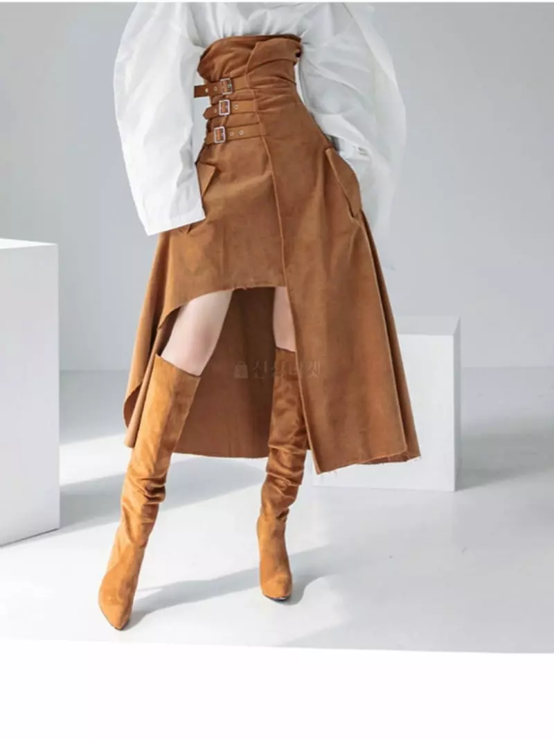 Pb - Korean Women Fashion - #momslook - Suede Buckle Skirt