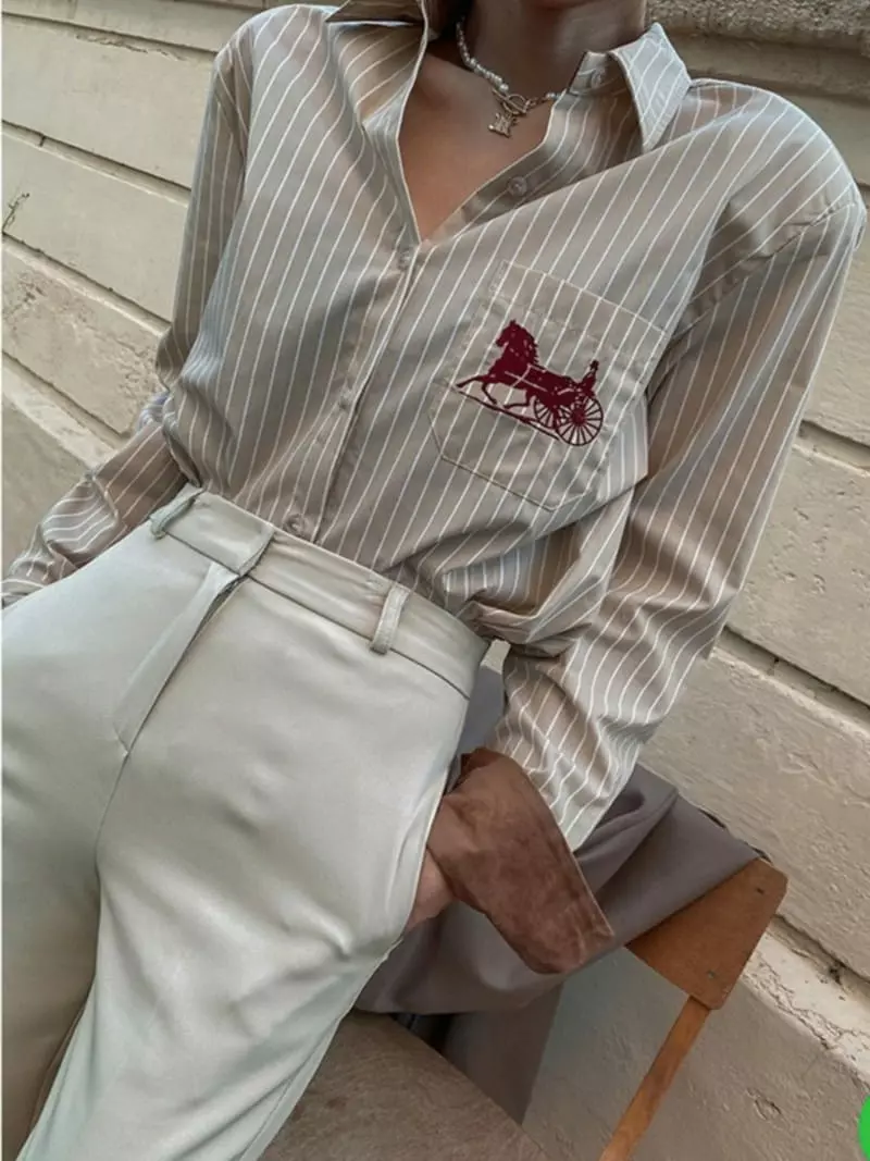 Pb - Korean Women Fashion - #womensfashion - Stripes Embroidery Shirt - 2