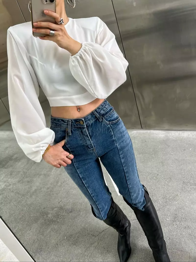 Pb - Korean Women Fashion - #womensfashion - Puff Bag Open Blouse - 7