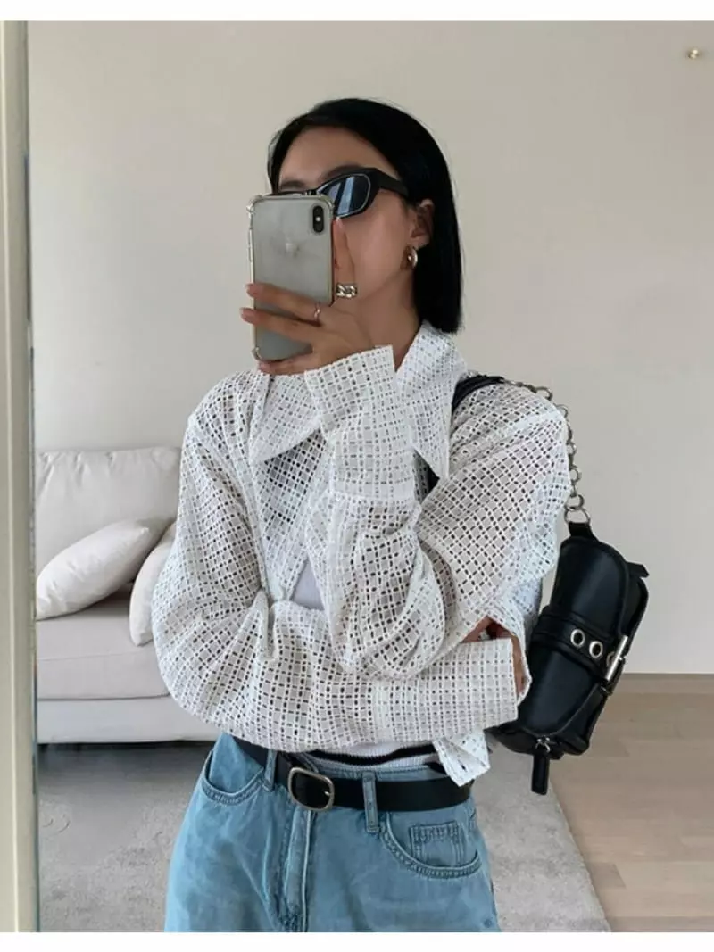 Pic - Korean Women Fashion - #pursuepretty - Punching Embroidery Shirt - 4