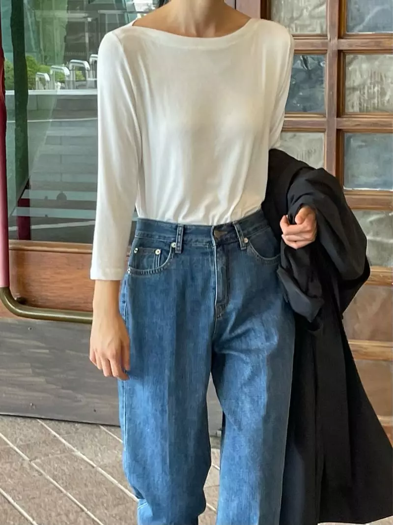 Plat - Korean Women Fashion - #vintagekidsstyle - Rib Boat Neck Tee - 5