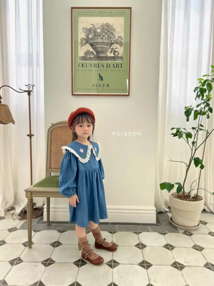 Poisson - Korean Children Fashion - #littlefashionista - Flower Denim One-piece - 5