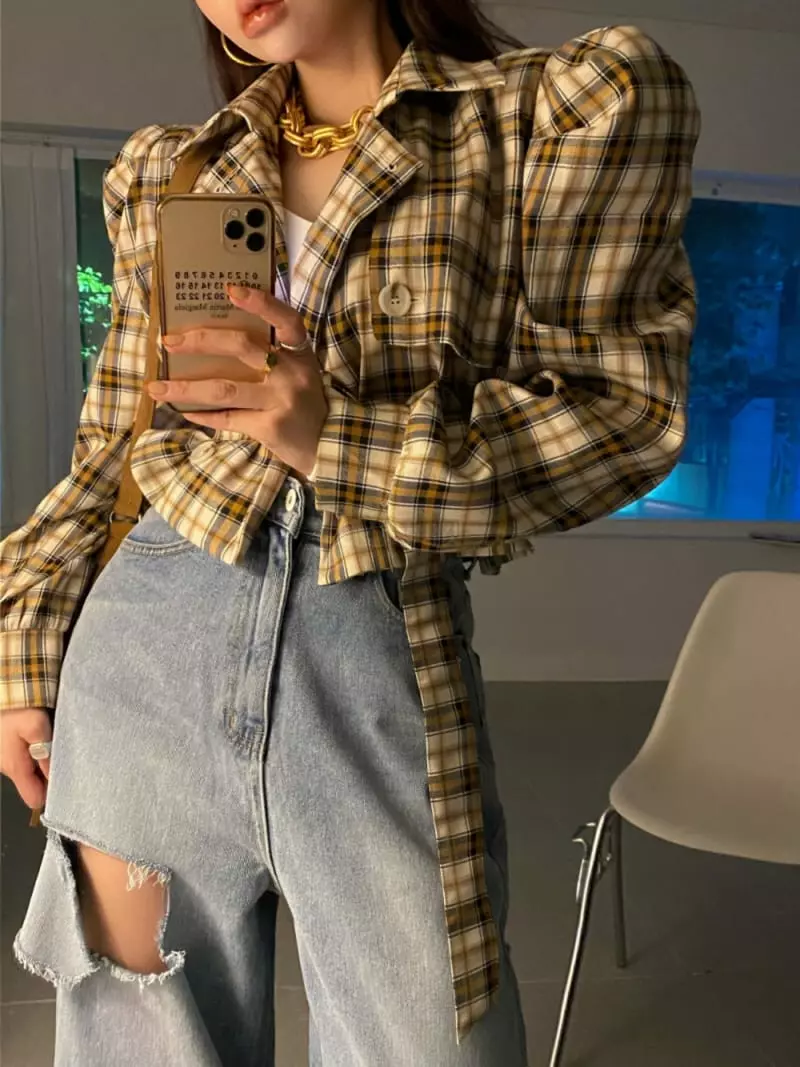 Rare Closet - Korean Women Fashion - #momslook - Check Short Trench Jacket - 6