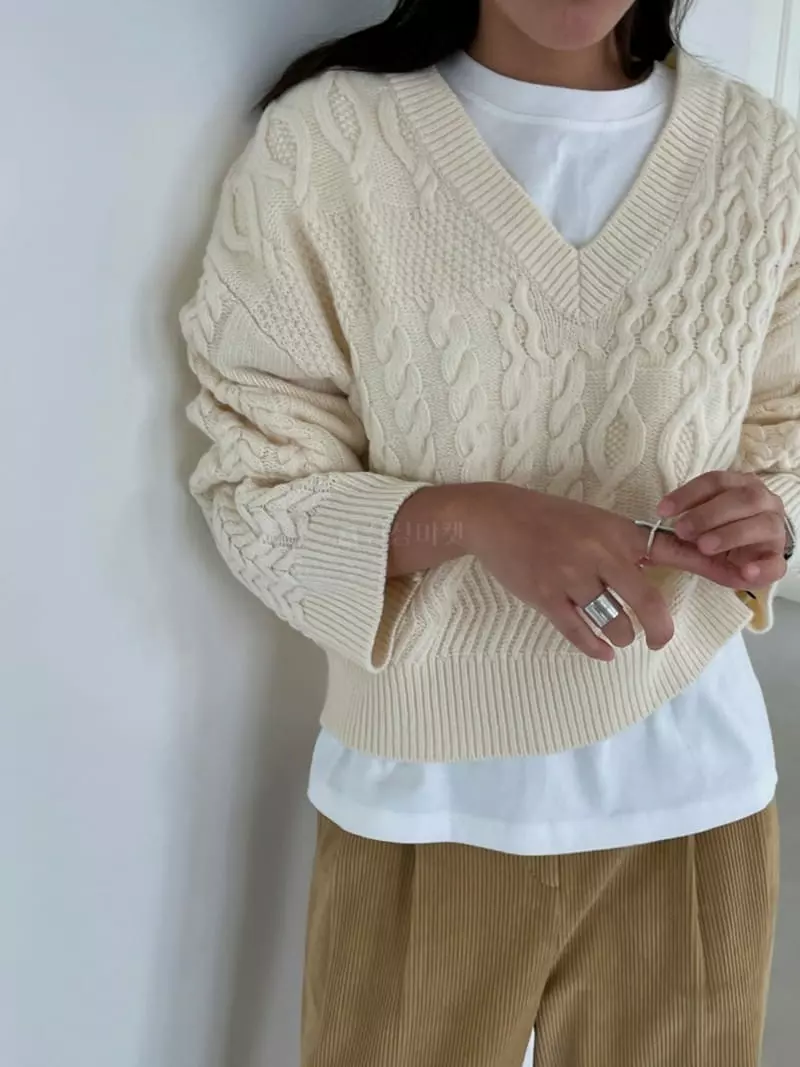 Ravi - Korean Women Fashion - #vintagekidsstyle - Mix V Knit Tee - 7