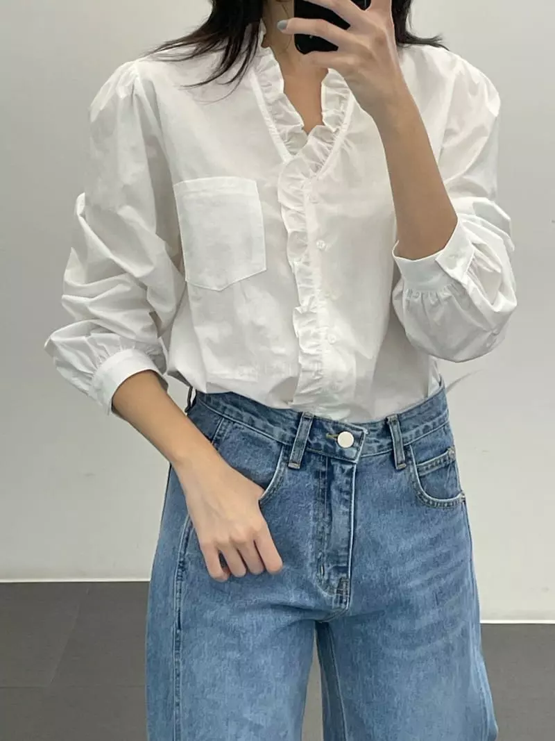 Reve - Korean Women Fashion - #momslook - Pocket Frill Shirt