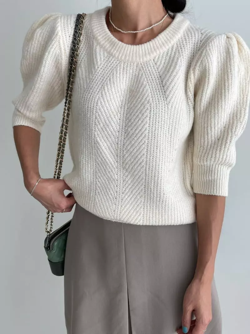 Ripple - Korean Women Fashion - #momslook - Mone Puff Knit Tee - 4