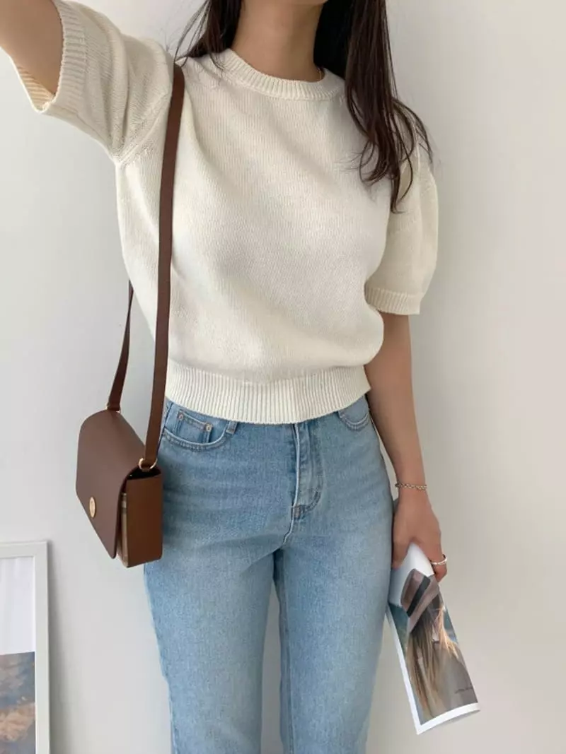 Ripple - Korean Women Fashion - #restrostyle - Cream Knit Tee - 3