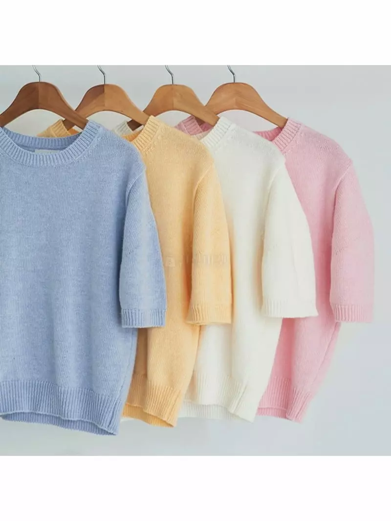 Ripple - Korean Women Fashion - #restrostyle - Cream Knit Tee - 4