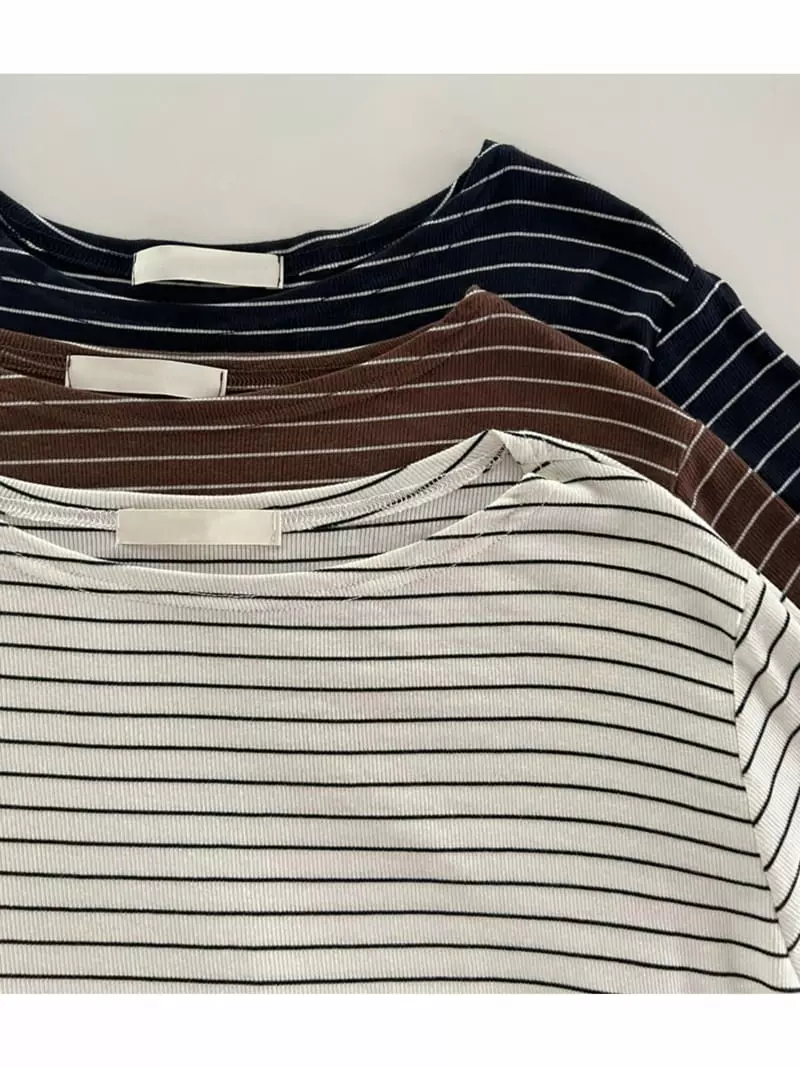 Room698 - Korean Women Fashion - #momslook - Lip Neck Stripes Tee