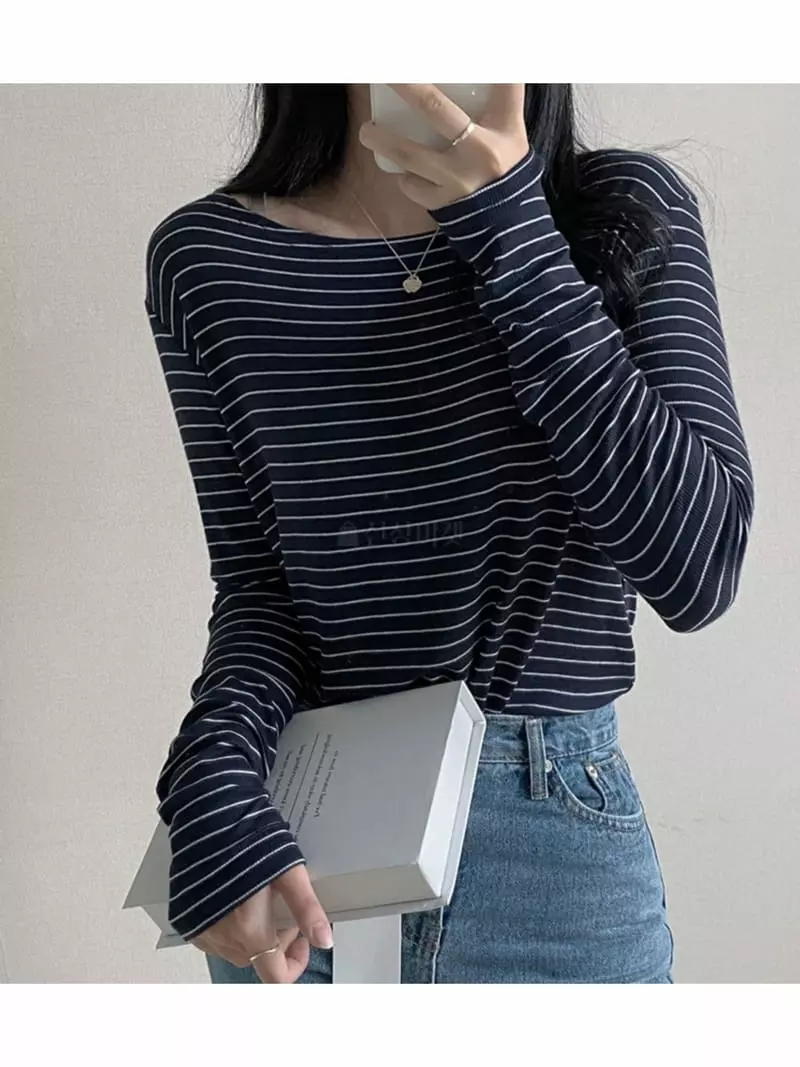 Room698 - Korean Women Fashion - #momslook - Lip Neck Stripes Tee - 3