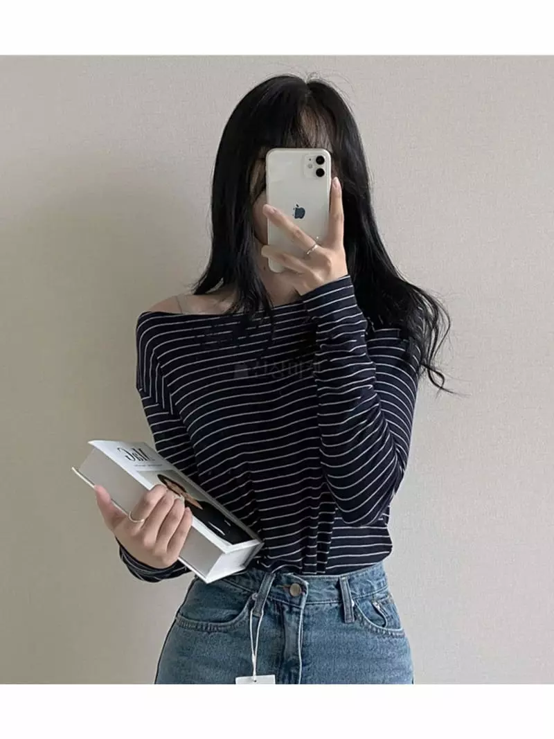 Room698 - Korean Women Fashion - #momslook - Lip Neck Stripes Tee - 5