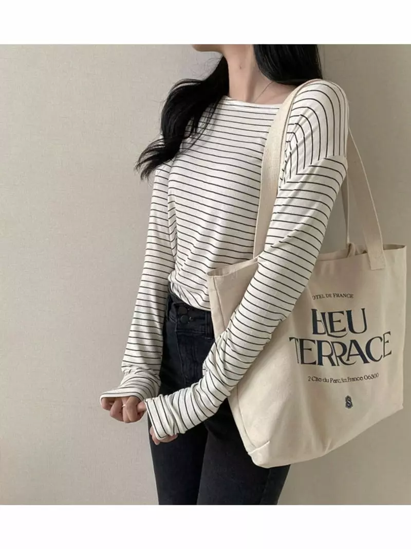 Room698 - Korean Women Fashion - #pursuepretty - Lip Neck Stripes Tee - 11