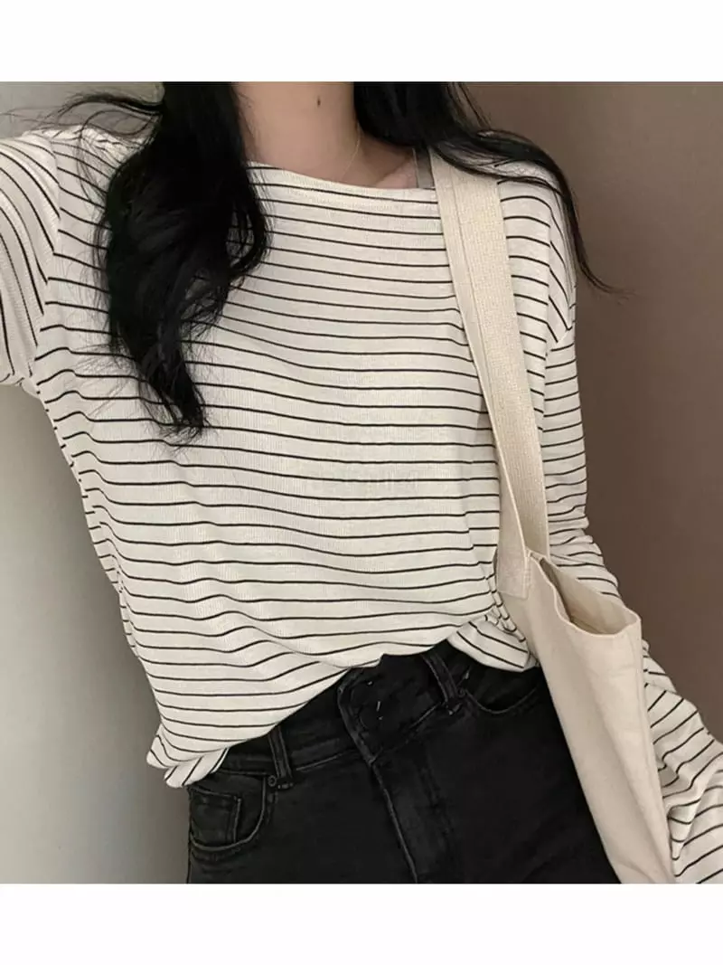 Room698 - Korean Women Fashion - #restrostyle - Lip Neck Stripes Tee - 12