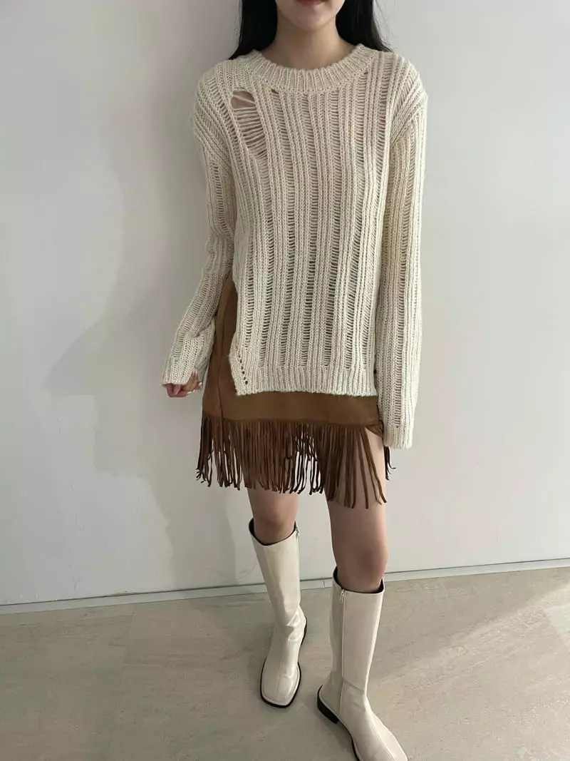 Rooof - Korean Women Fashion - #momslook - Slir Demage Knit Tee - 2