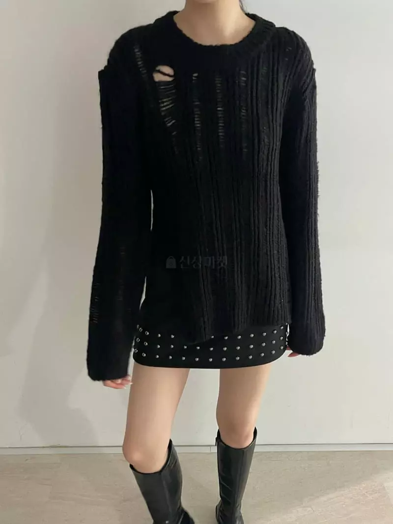 Rooof - Korean Women Fashion - #momslook - Slir Demage Knit Tee - 8