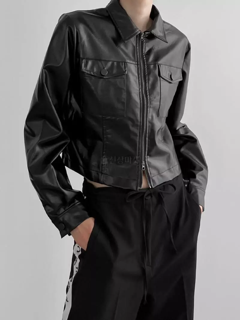 Rooof - Korean Women Fashion - #momslook - Leather Zip-up