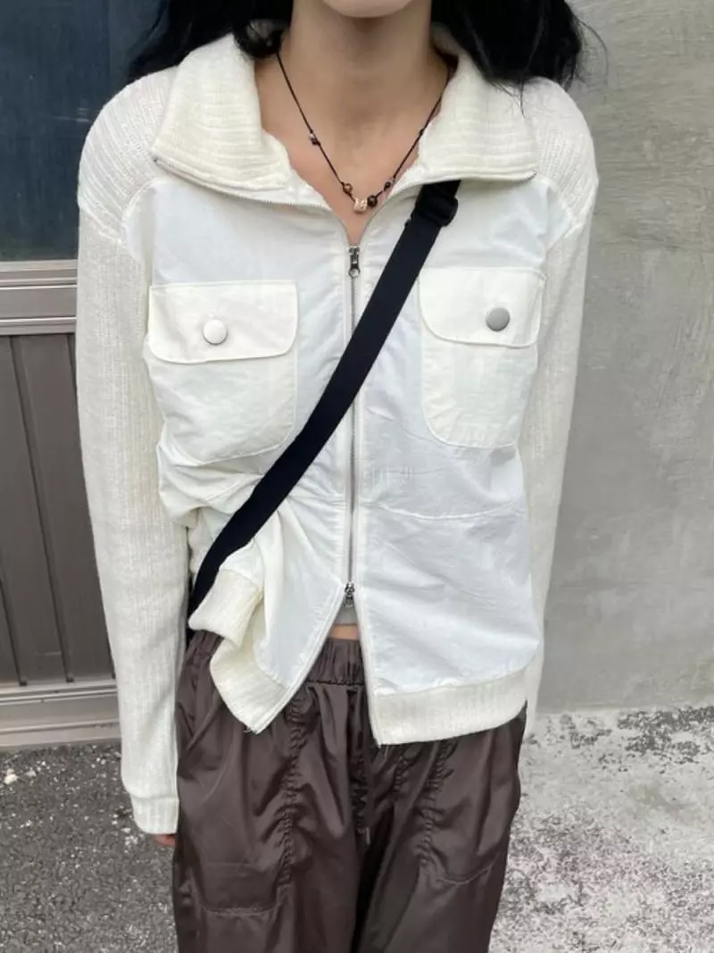 Rooof - Korean Women Fashion - #restrostyle - Pocket Knit Zip-up - 3