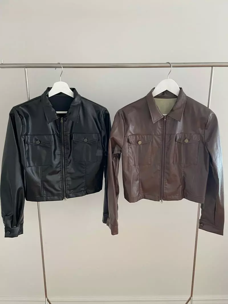 Rooof - Korean Women Fashion - #romanticstyle - Leather Zip-up - 9
