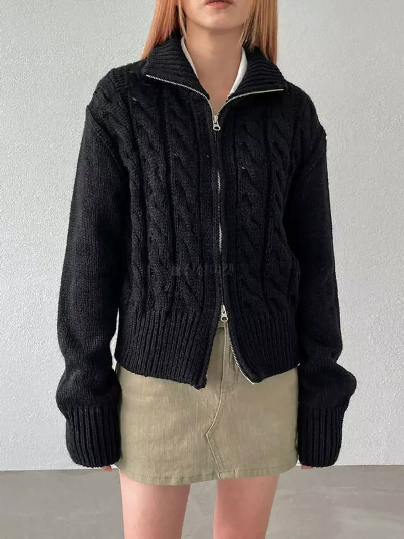 Rooof - Korean Women Fashion - #thatsdarling - Cable Knit Zip-up