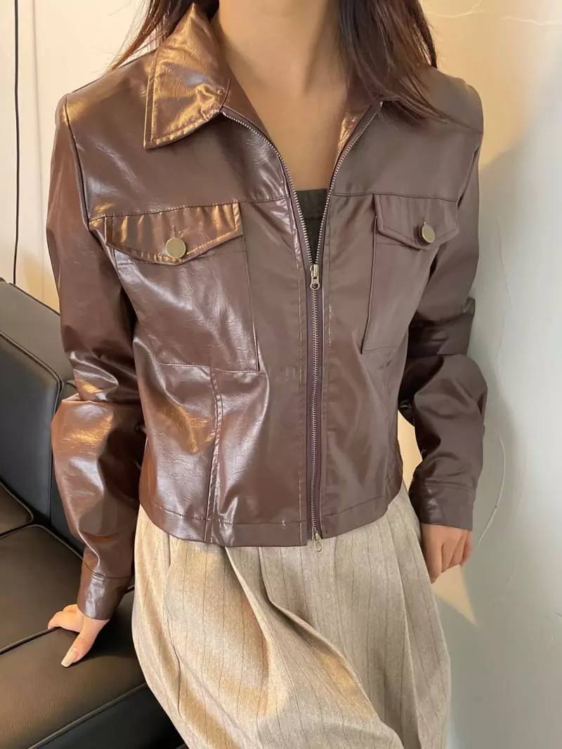 Rooof - Korean Women Fashion - #vintagekidsstyle - Leather Zip-up - 6