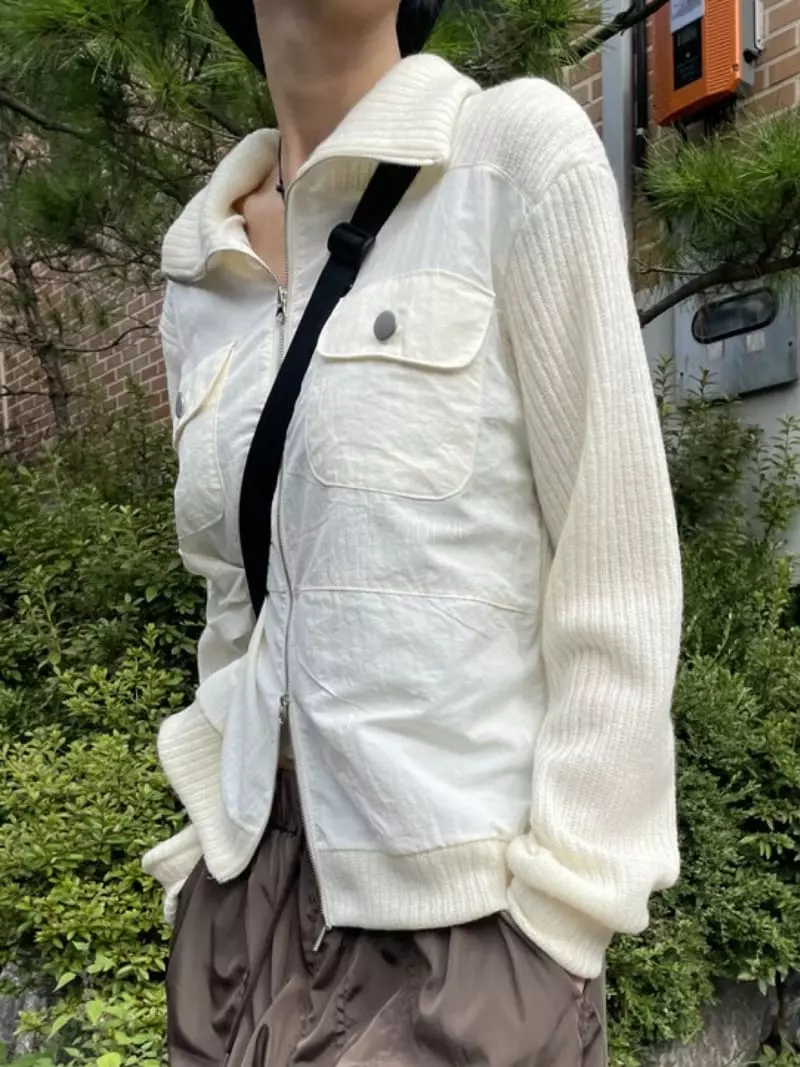 Rooof - Korean Women Fashion - #vintagekidsstyle - Pocket Knit Zip-up