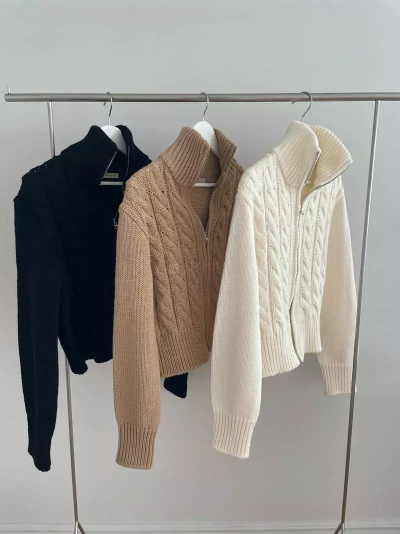 Rooof - Korean Women Fashion - #womensfashion - Cable Knit Zip-up - 10