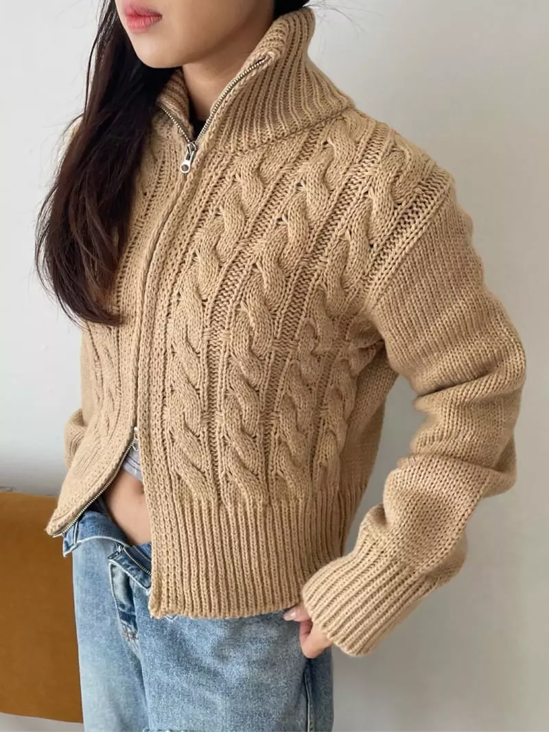 Rooof - Korean Women Fashion - #momslook - Cable Knit Zip-up - 4