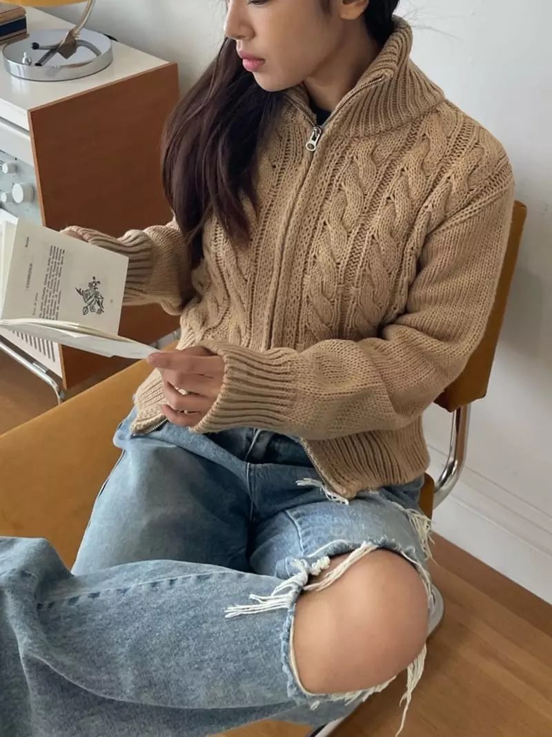 Rooof - Korean Women Fashion - #womensfashion - Cable Knit Zip-up - 6