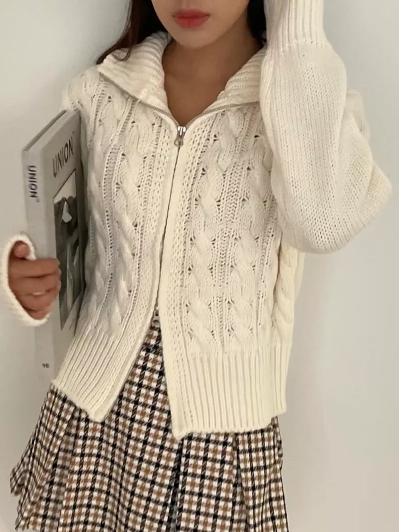 Rooof - Korean Women Fashion - #womensfashion - Cable Knit Zip-up - 8