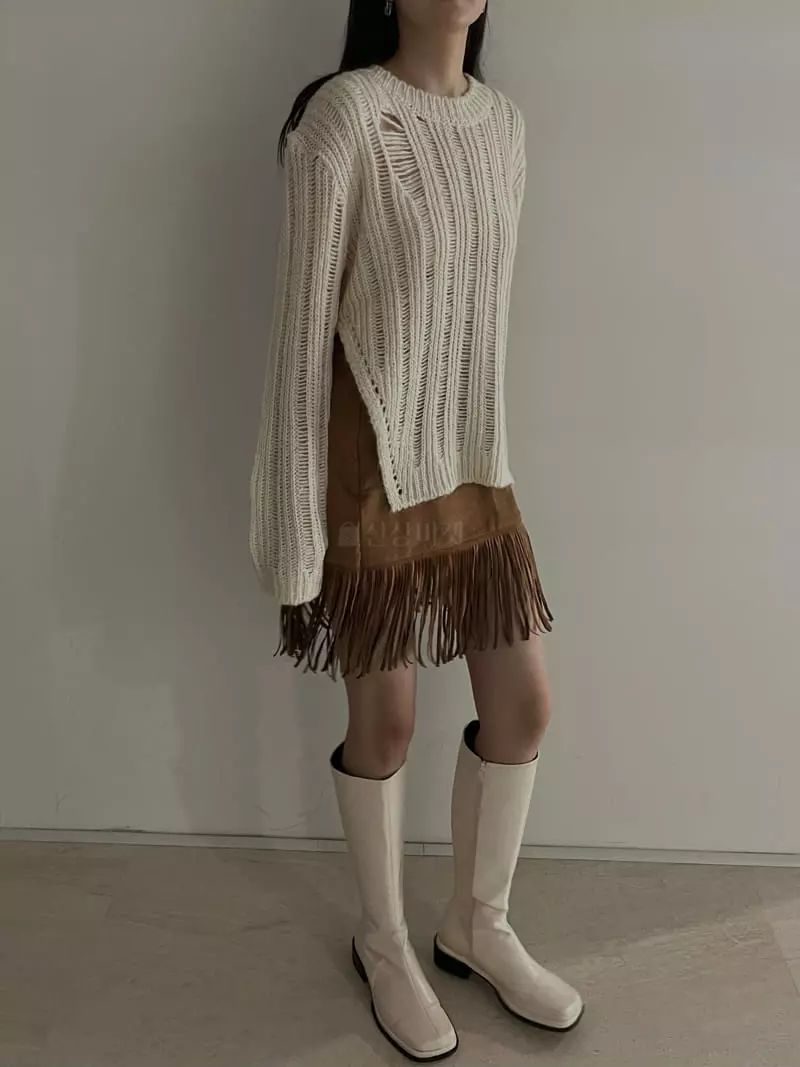Rooof - Korean Women Fashion - #womensfashion - Slir Demage Knit Tee