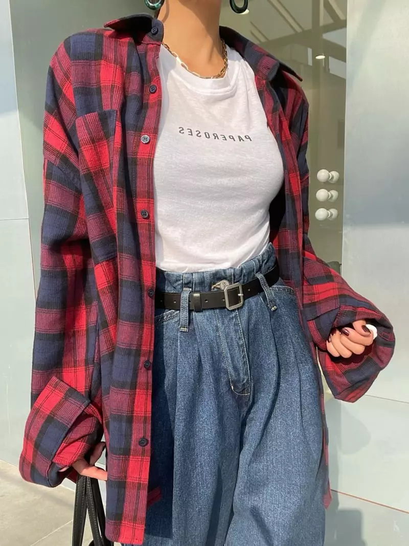 Ryon - Korean Women Fashion - #momslook - Check Peach Shirt