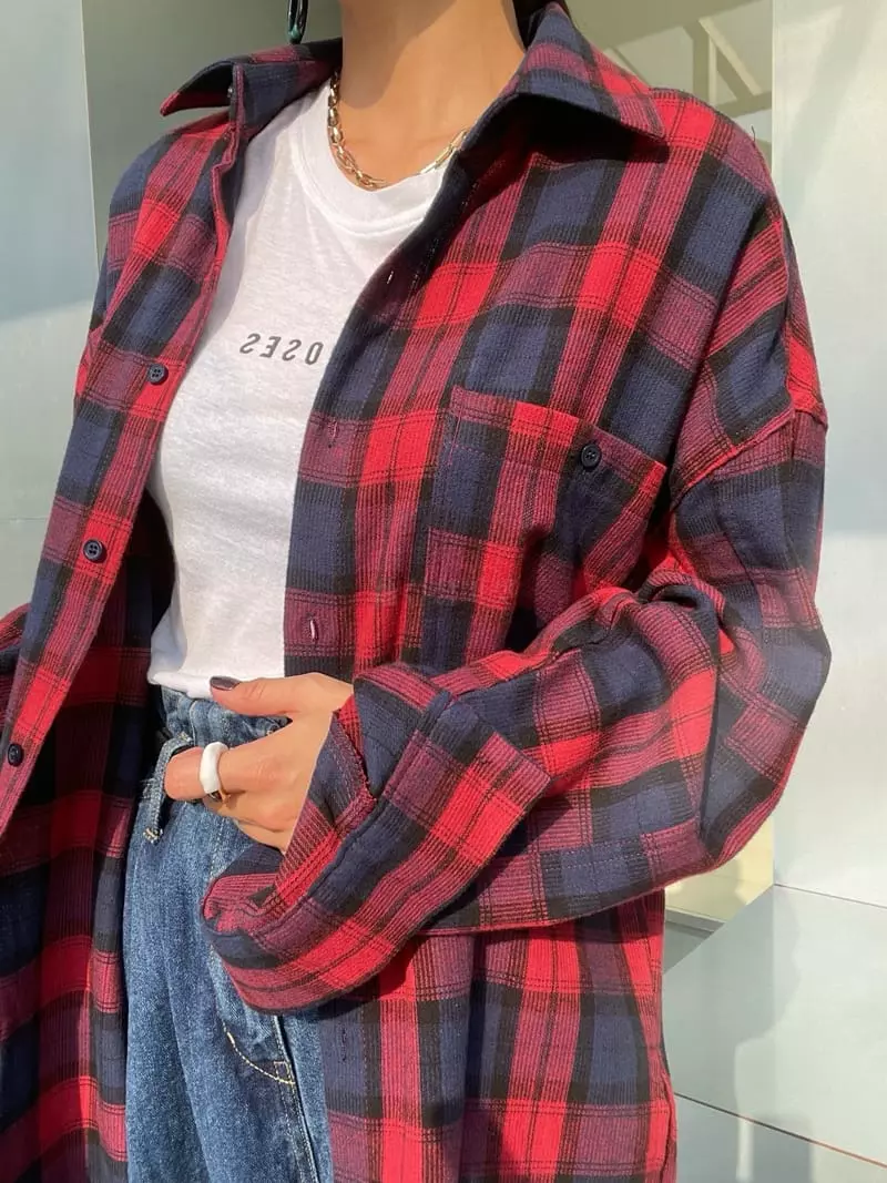 Ryon - Korean Women Fashion - #momslook - Check Peach Shirt - 2