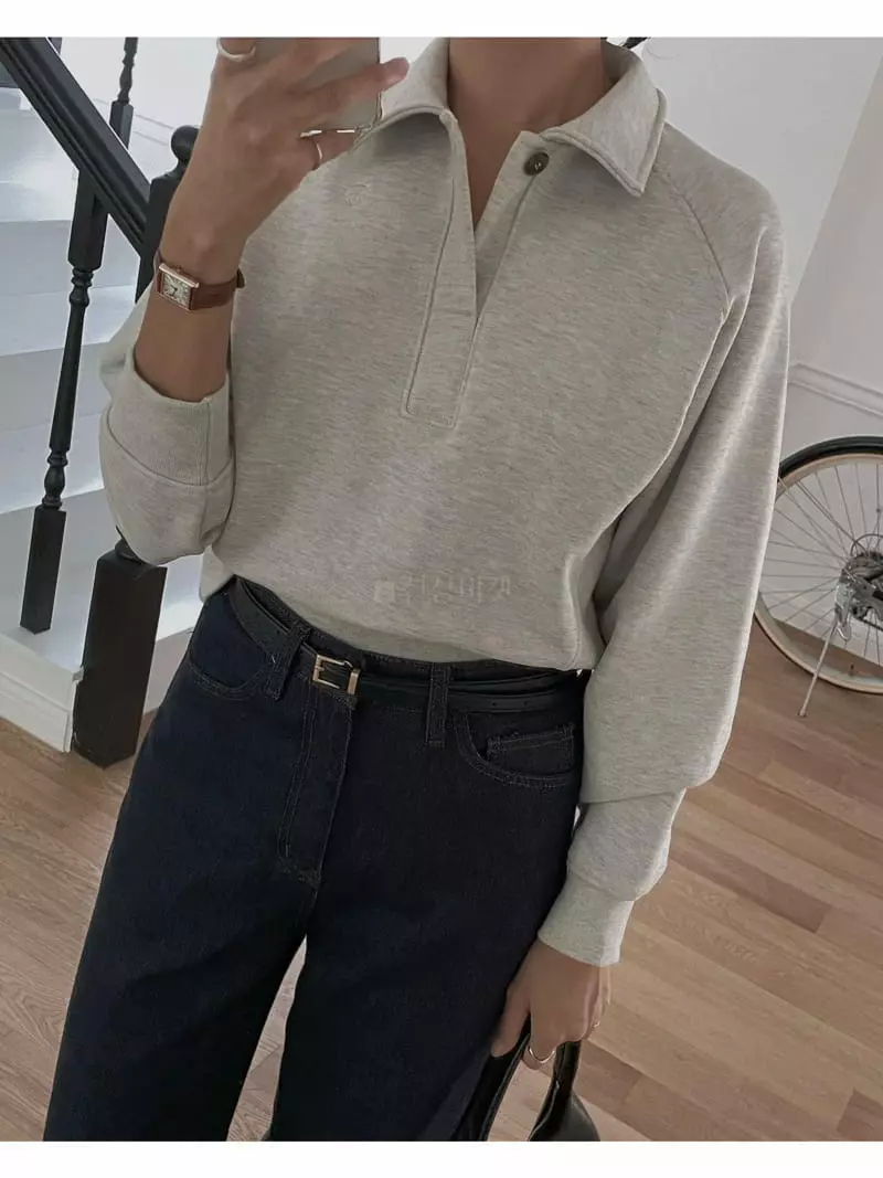Sono De Seoul - Korean Women Fashion - #womensfashion - Add Collar Crop Sweatshirt - 11