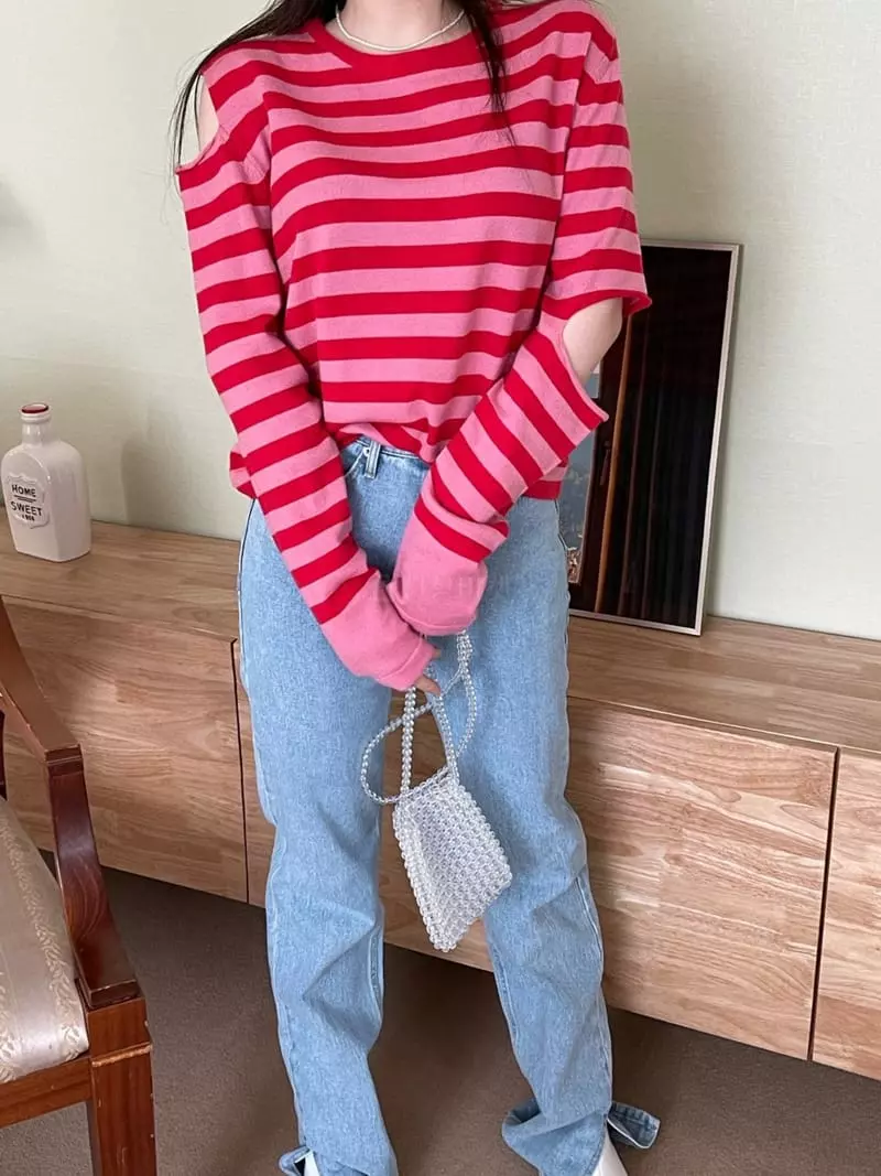Special - Korean Women Fashion - #romanticstyle - Slit Stripes Knit