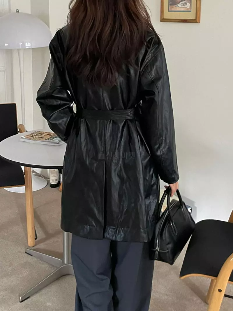 Talktalk - Korean Women Fashion - #vintageinspired - Eco Leatehr Mac Coat - 5
