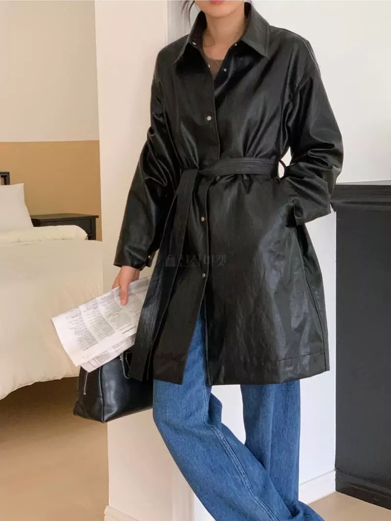 Talktalk - Korean Women Fashion - #vintagekidsstyle - Eco Leatehr Mac Coat - 6