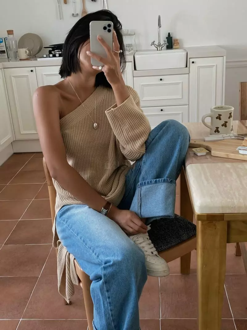 Tempting - Korean Women Fashion - #momslook - Long One Shoulder Knit Tee - 2